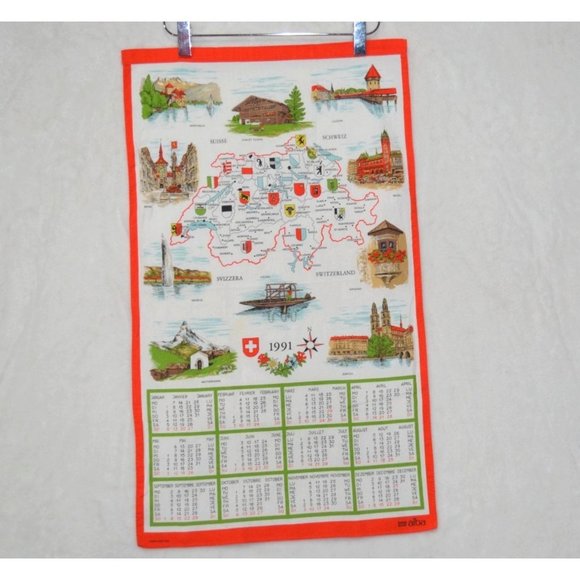 Vintage Switzerland Alba Swiss made Wall Calendar map Tea Dish Towel cloth fabri - Picture 1 of 4